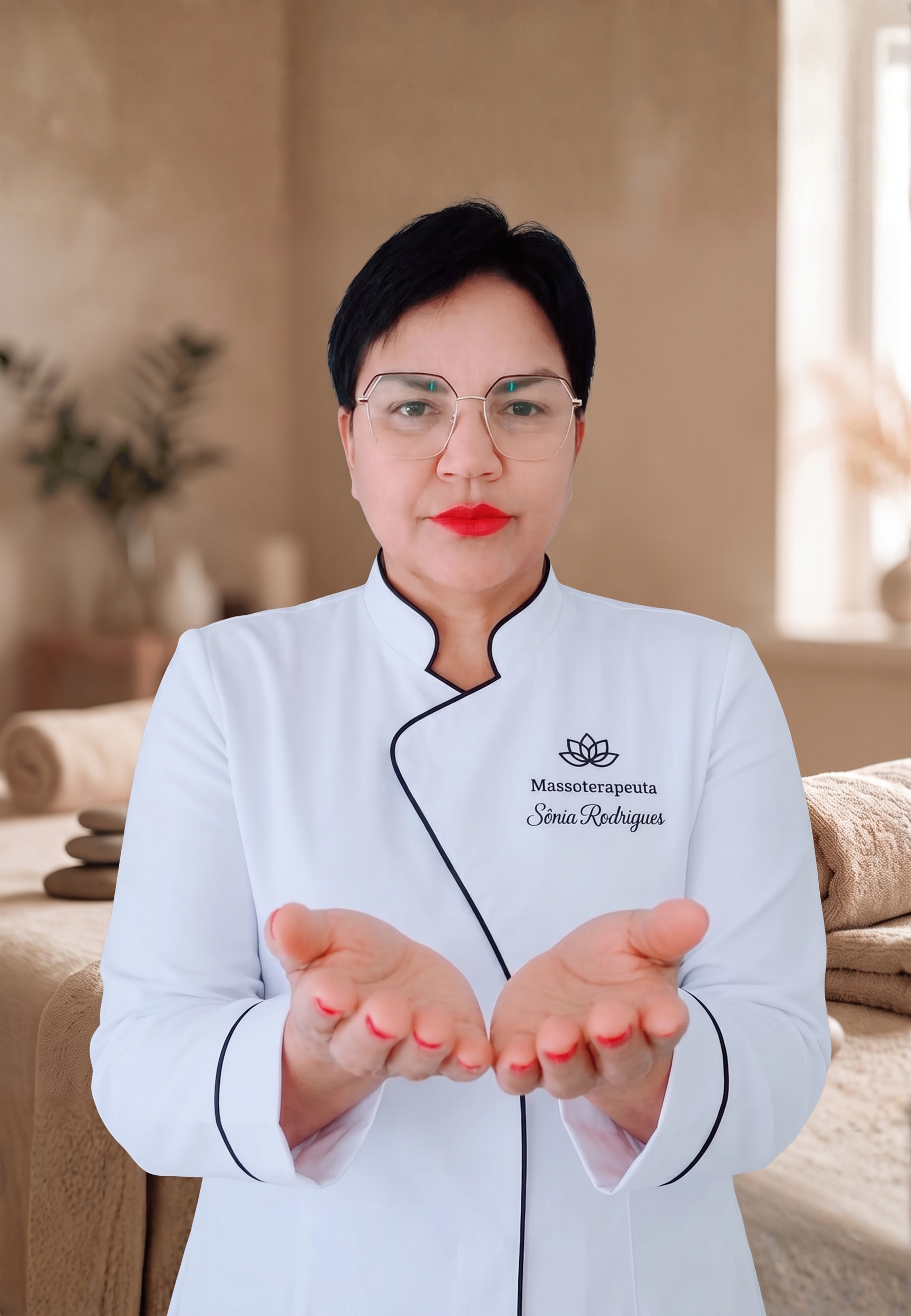 Sônia Rodrigues, massoterapeuta dermato funcional, em ambiente de spa