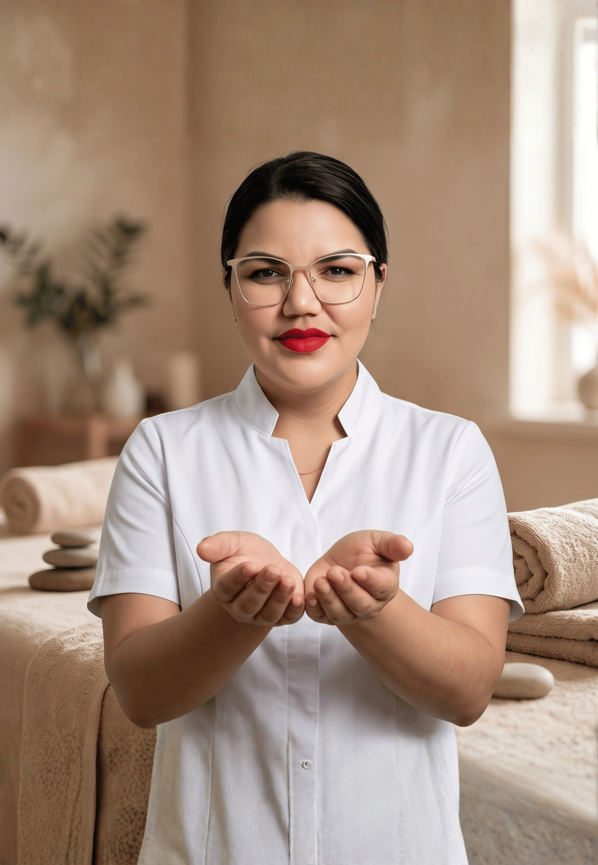 Sônia Rodrigues, massoterapeuta dermato funcional, em ambiente de spa